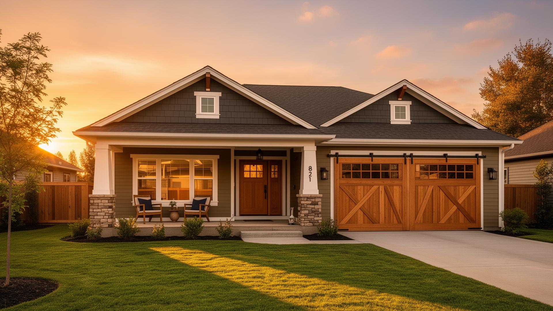 Beautiful craftsman home with farmhouse barn-style garage doors at golden hour sunset in Griswold CT